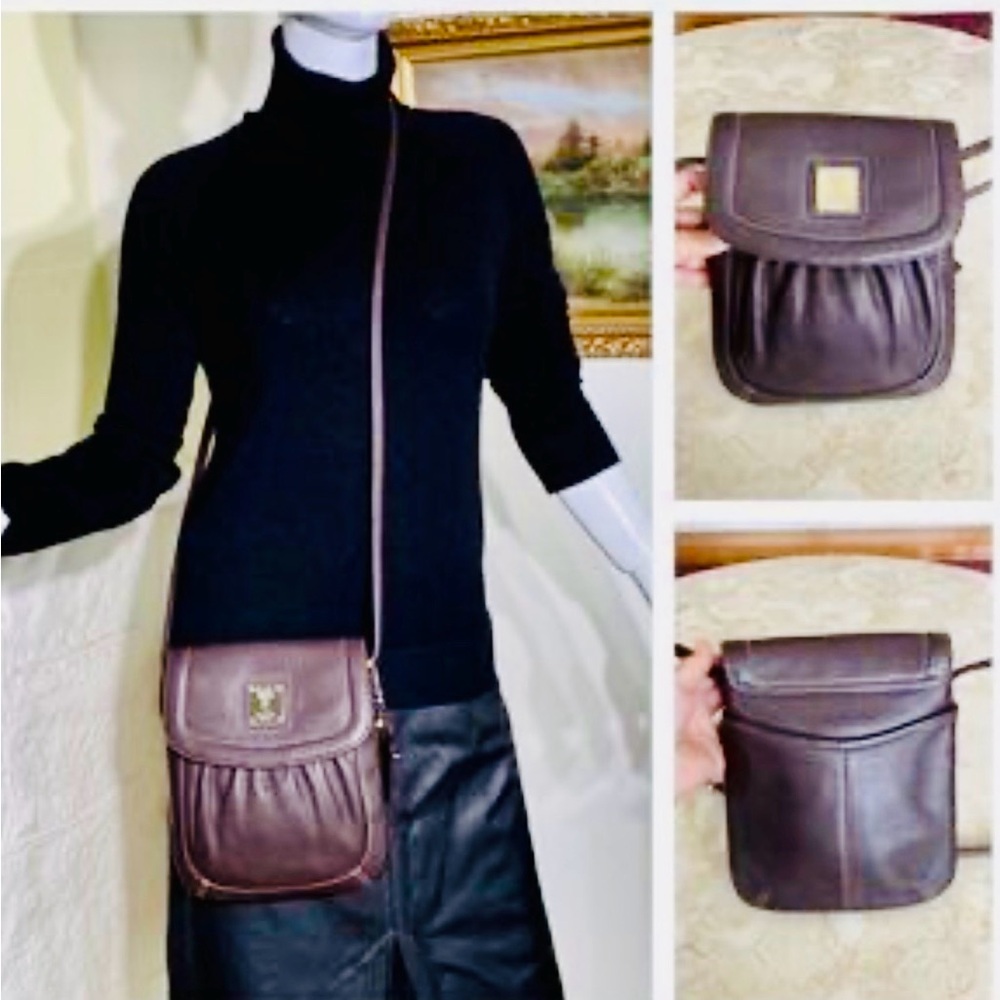 Tignanello Brown Leather Flap Organizer Crossbody Bag Ruched Phone Purse Boho